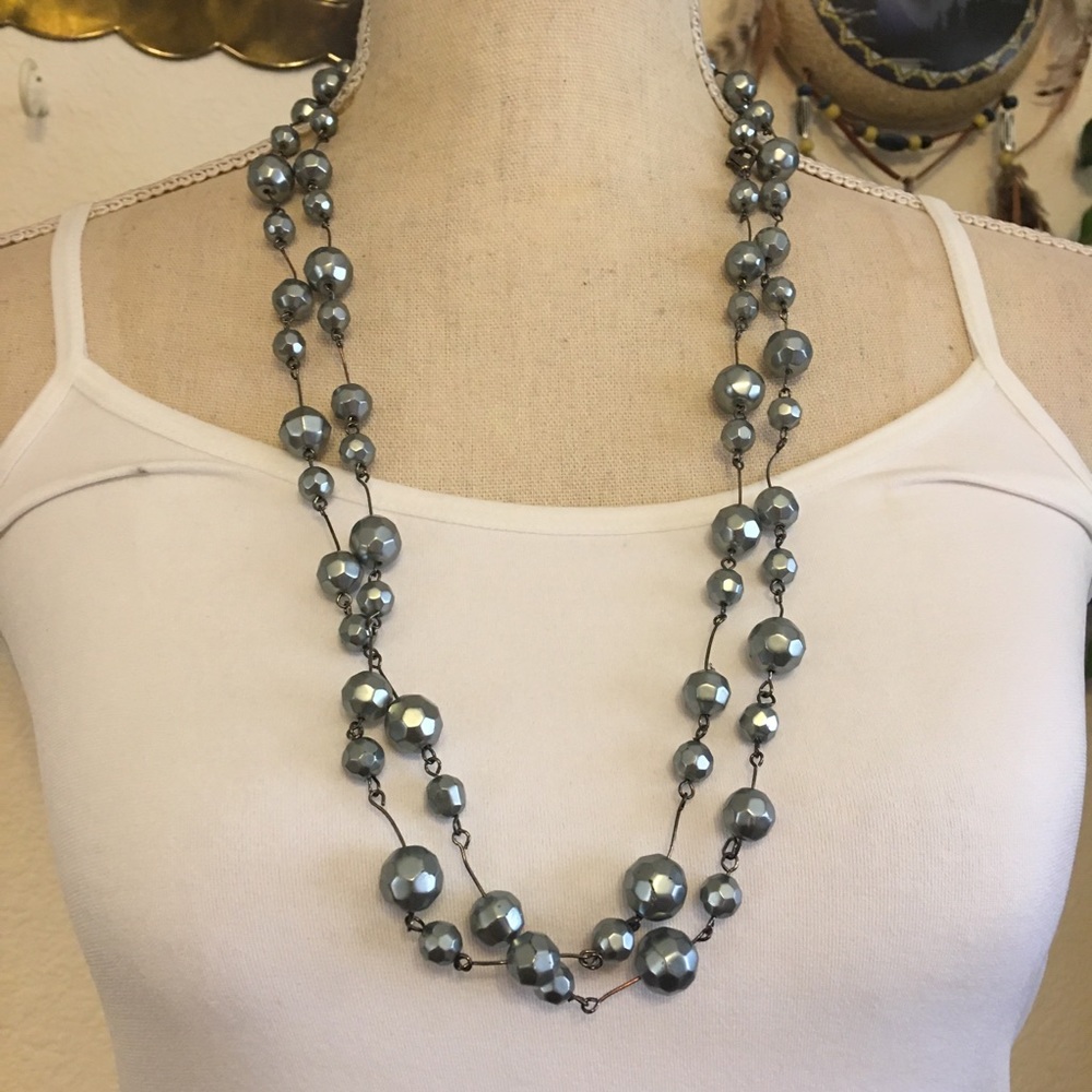 Chrome painted faceted glass bead long necklace